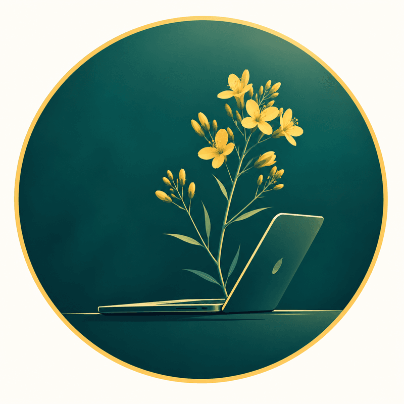 Ilustración de un portátil junto a flores amarillas